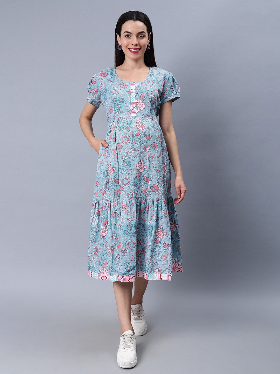 

NIGHTSPREE Floral Printed Puff Sleeves Tiered Cotton Maternity Fit and Flare Midi Dress, Blue