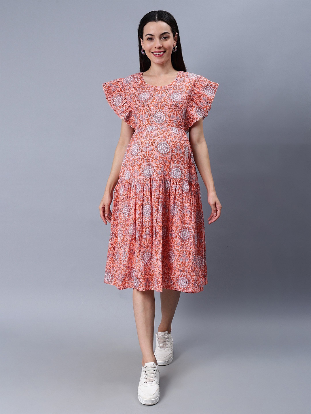 

NIGHTSPREE Floral Printed Flutter Sleeves Tiered Cotton Maternity Fit & Flare Midi Dress, Peach