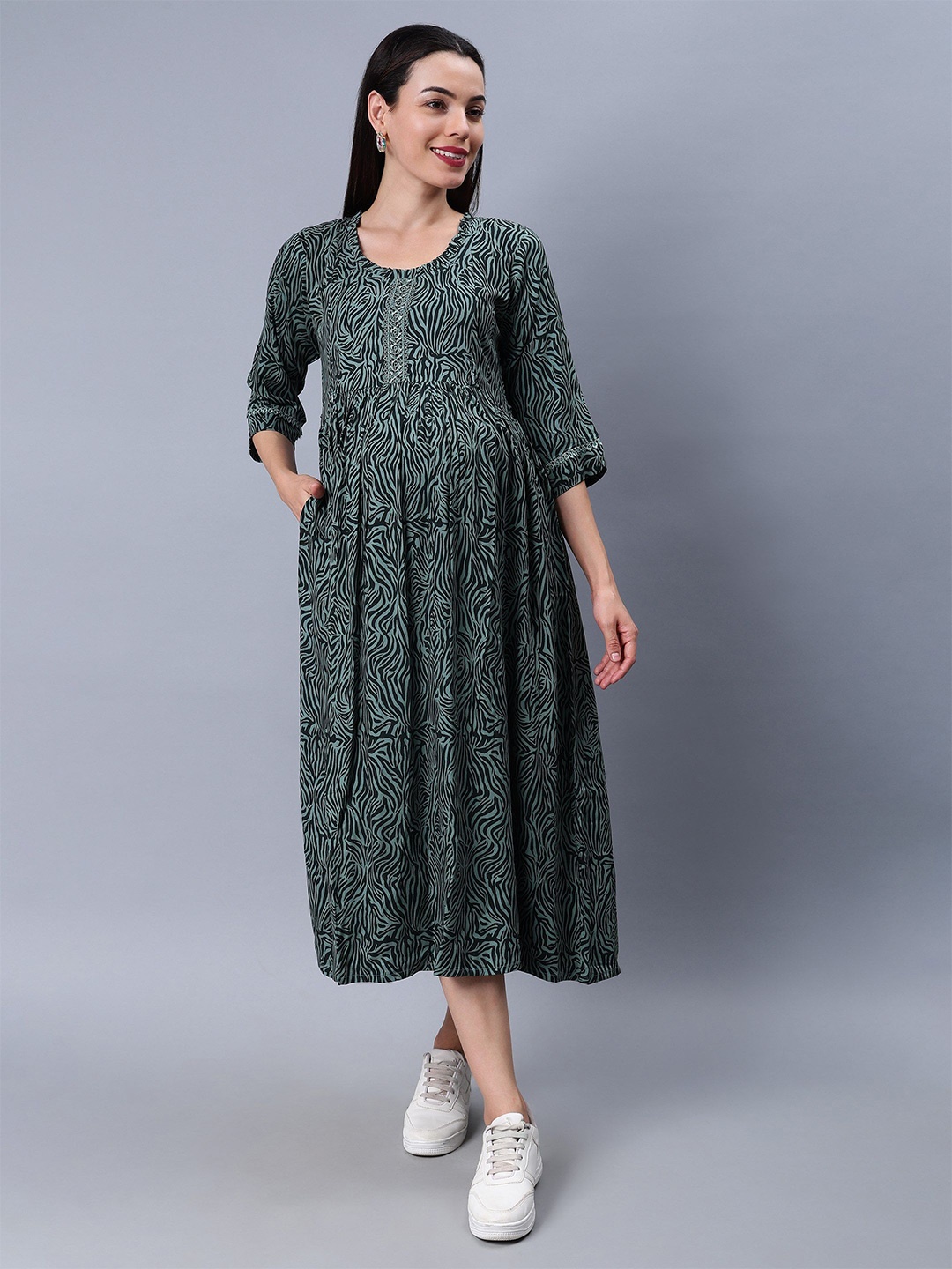 

NIGHTSPREE Floral Printed Maternity Fit & Flare Midi Dress, Green
