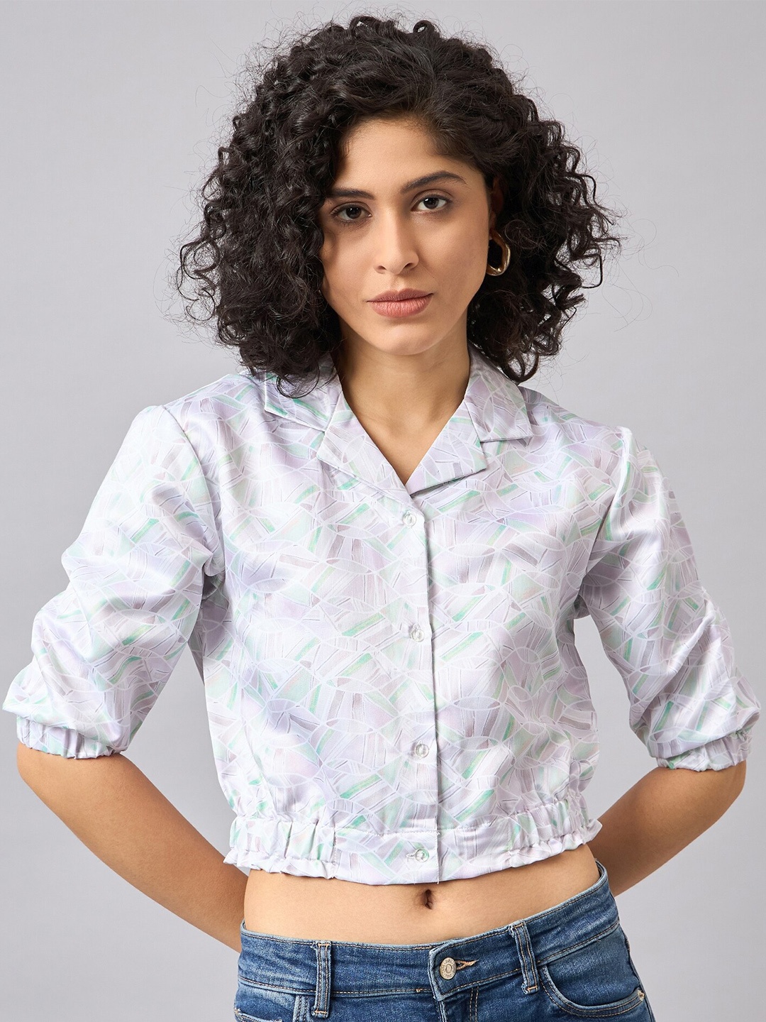 

The Roadster Lifestyle Co. White Abstract Printed Cuffed Sleeves Satin Shirt Style Top