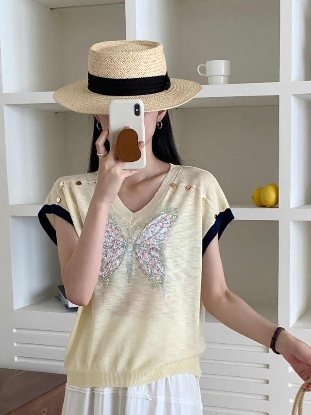 

StyleCast Embellished V-Neck Short Sleeves Top, Beige