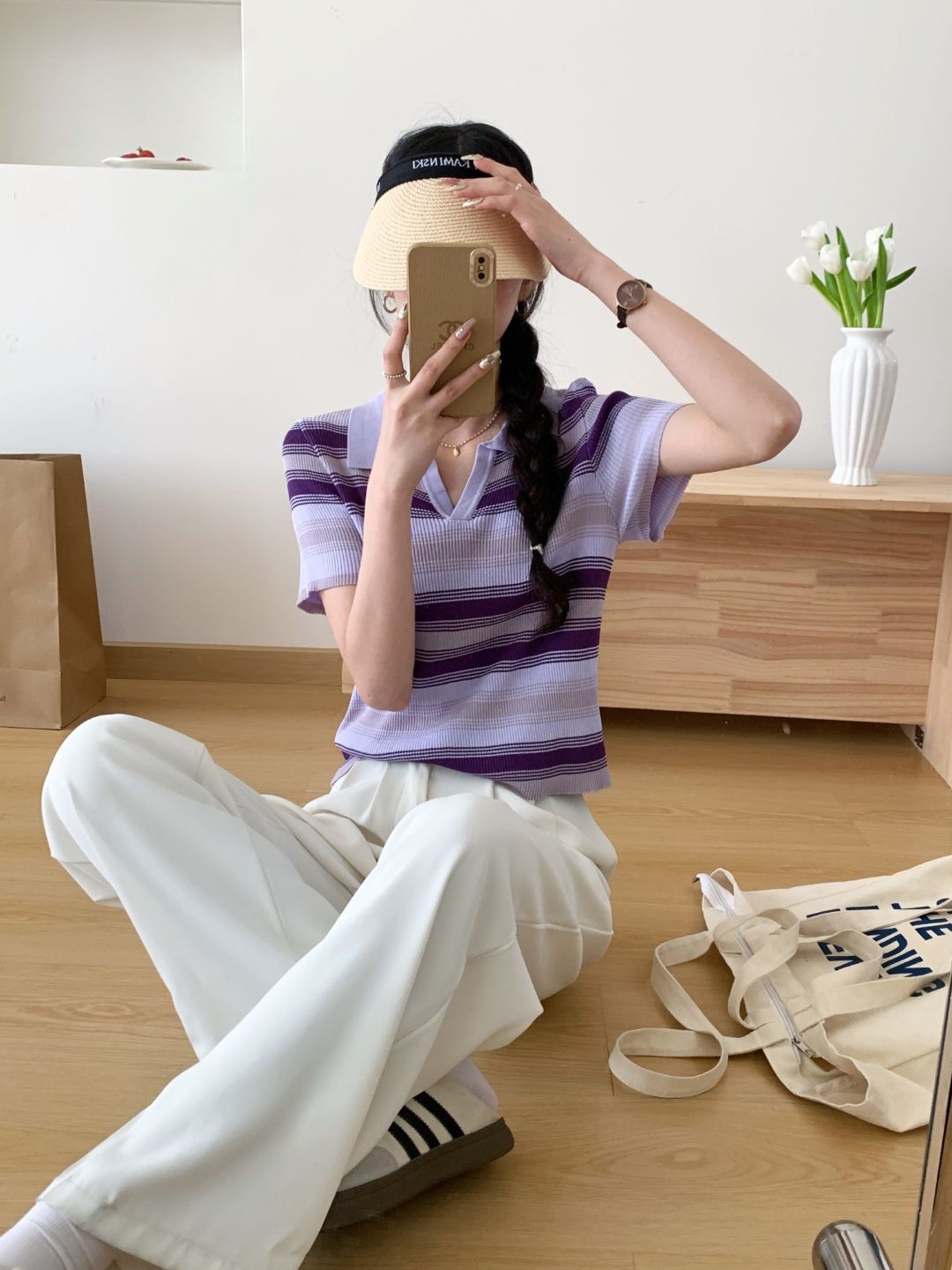 

StyleCast Shirt Collar Horizontal Stripes Short Sleeves Top, Purple