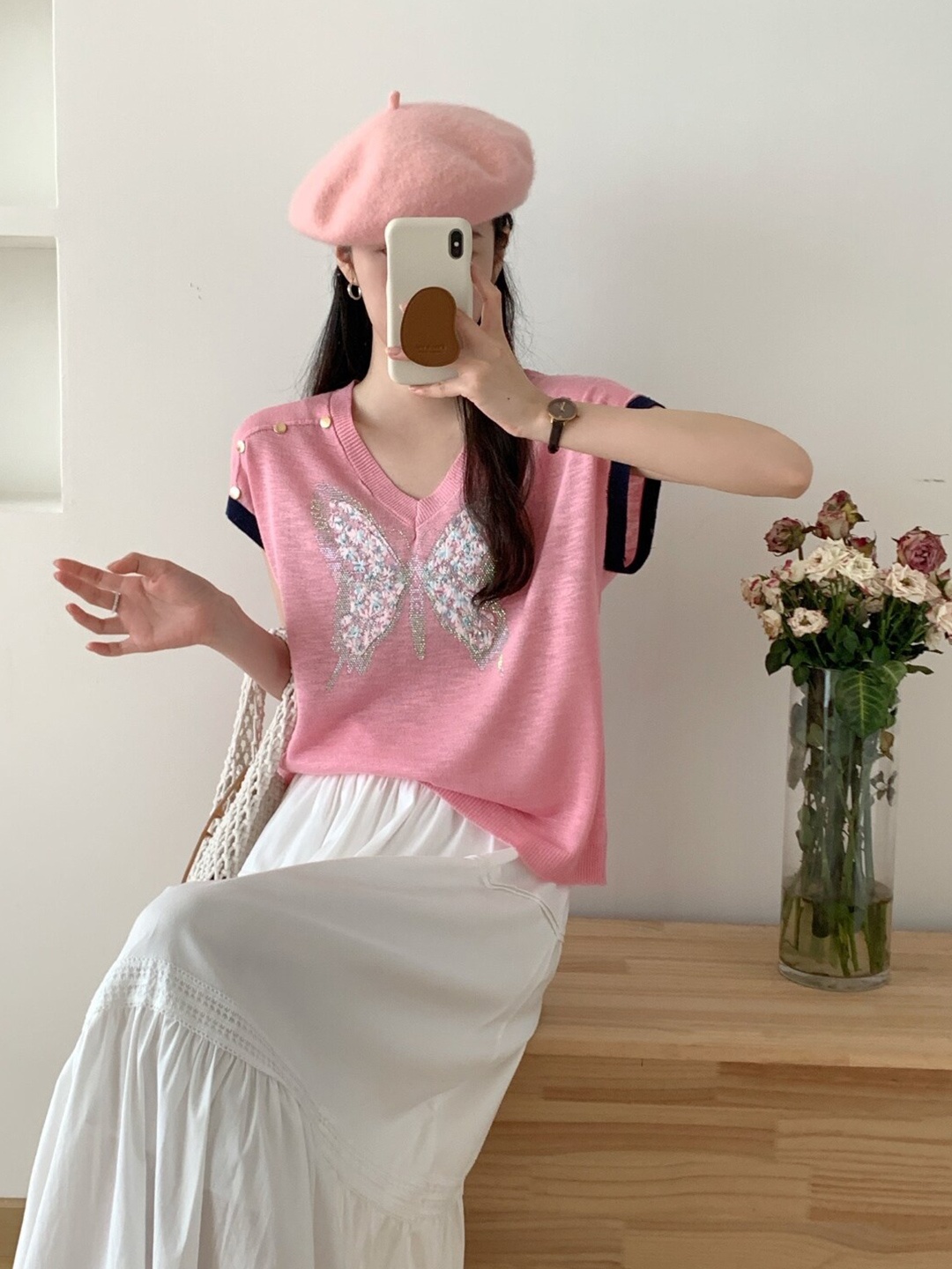 

StyleCast Embellished V-Neck Short Sleeves Top, Pink