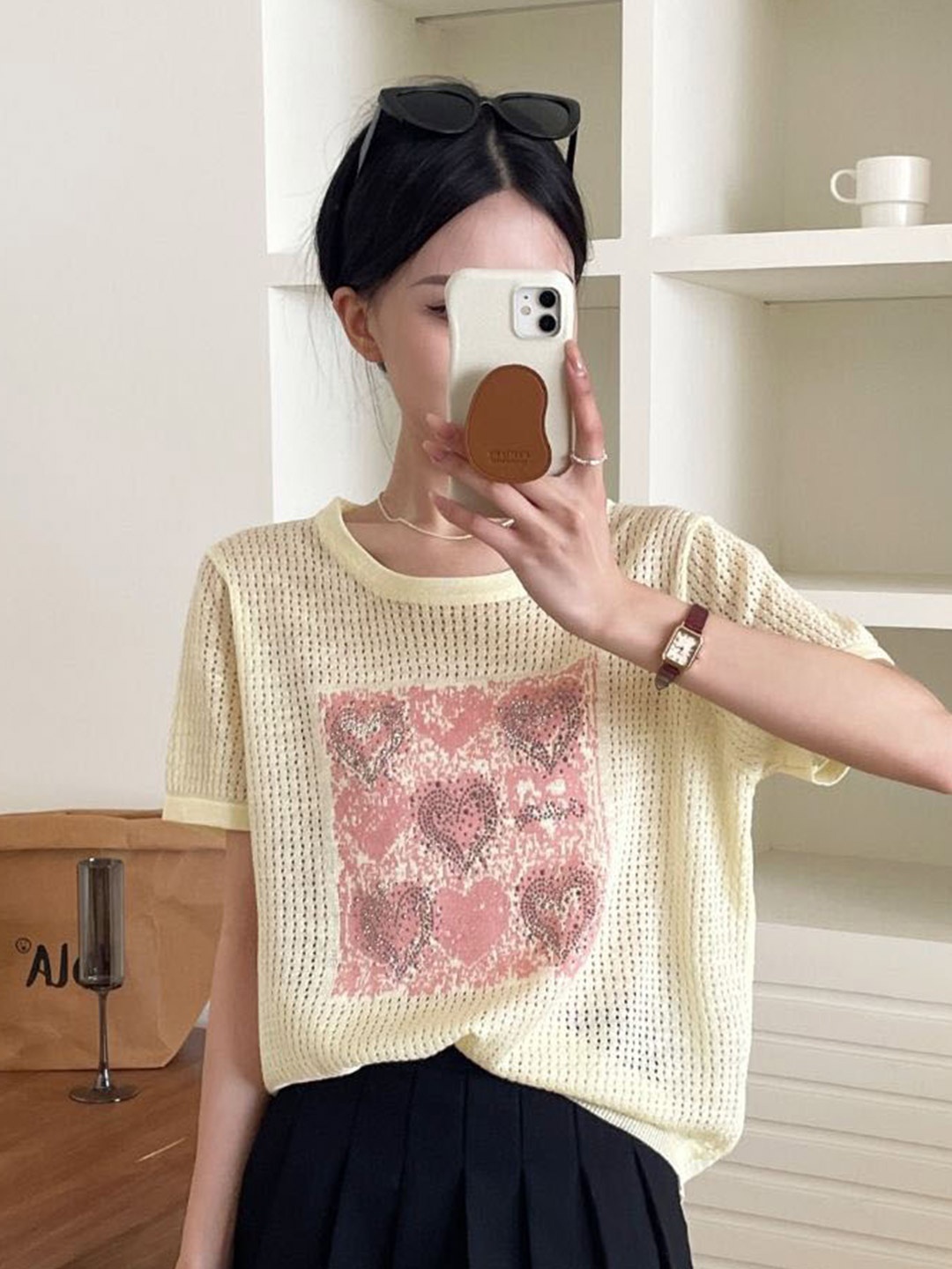 

StyleCast Yellow Floral Printed Round Neck Semi Sheer Top