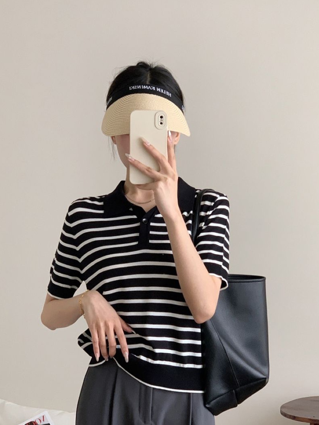 

StyleCast Shirt Collar Horizontal Stripes Short Sleeves Top, Black