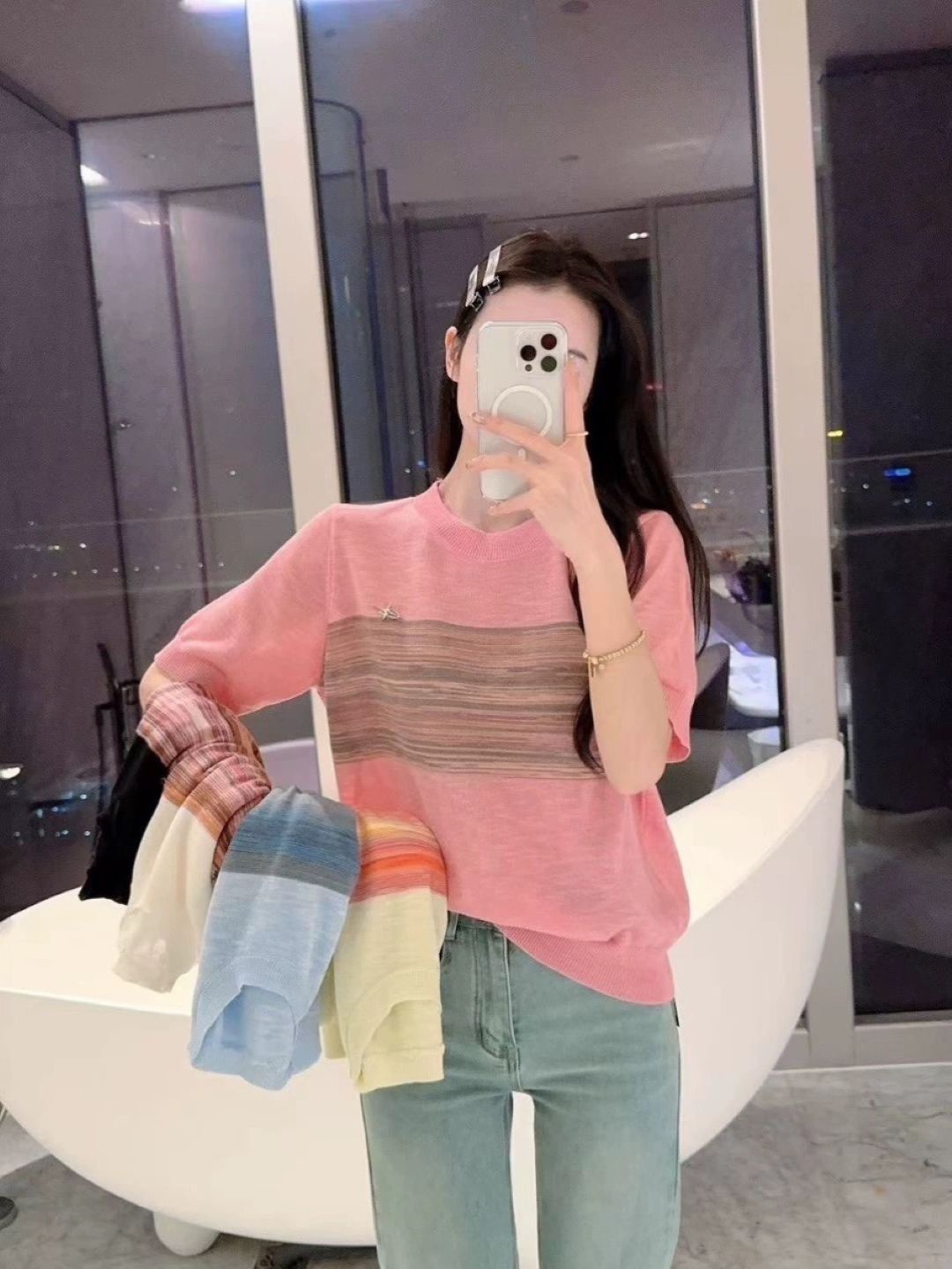 

StyleCast Striped Round Neck Short Sleeves Top, Pink
