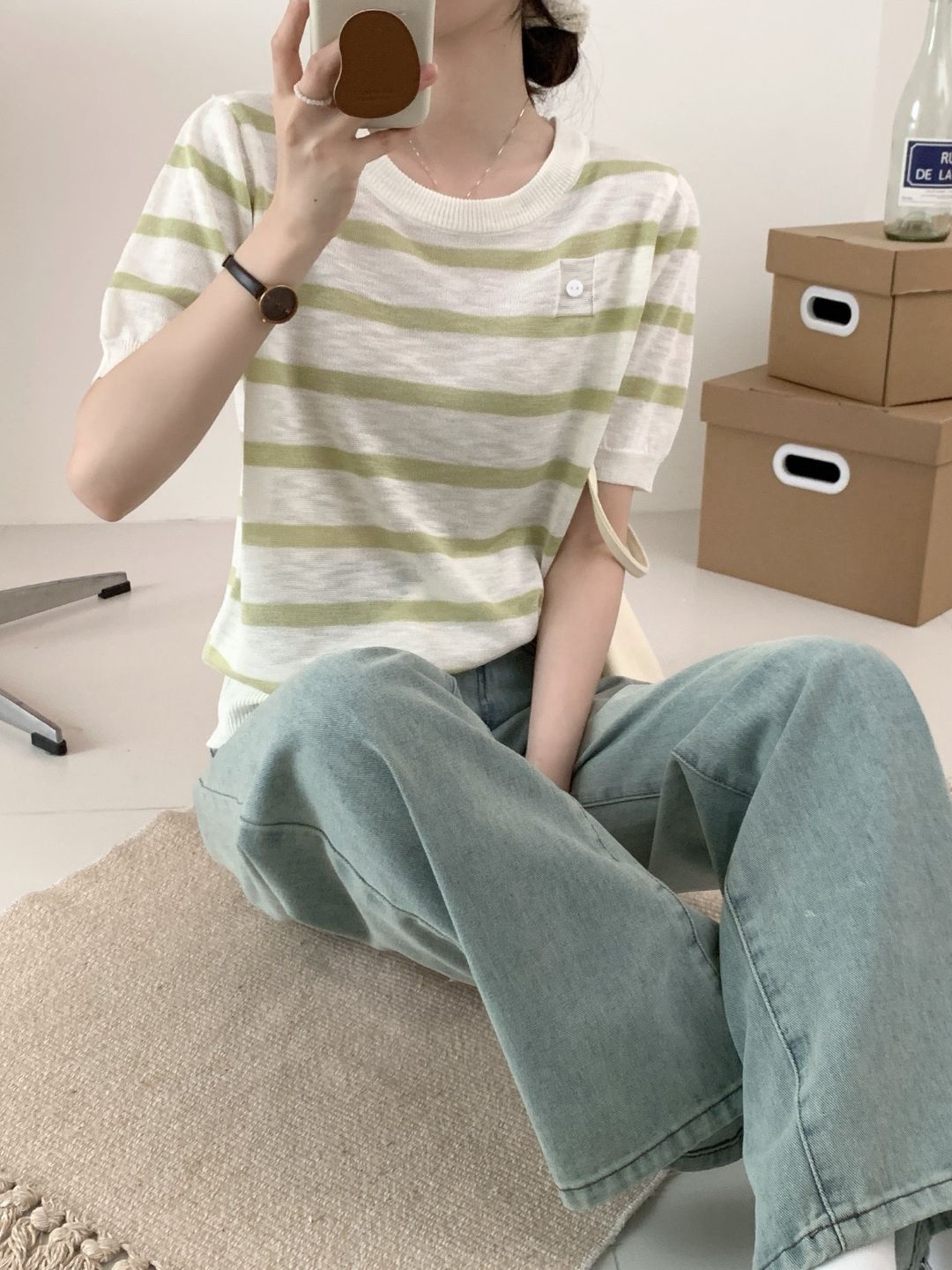 

StyleCast Round Neck Horizontal Striped Short Sleeves Top, Off white