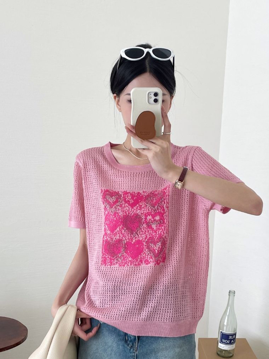 

StyleCast Self Design Round Neck Graphic Printed Top, Pink