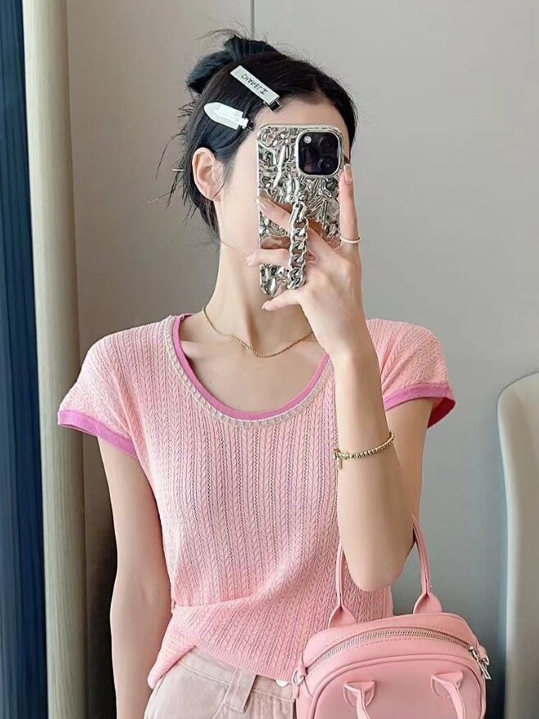 

StyleCast Self Design Round Neck Regular Top, Pink