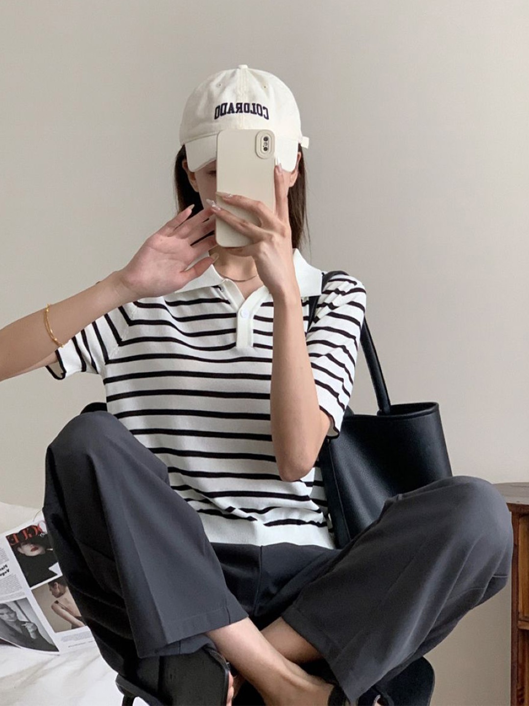 

StyleCast White Black Horizontal Striped Shirt Collar Top