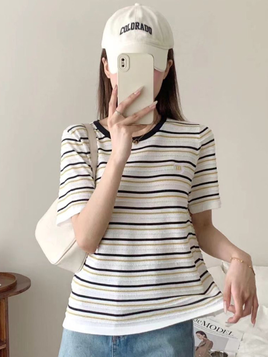 

StyleCast Round Neck Horizontal Striped Top, White