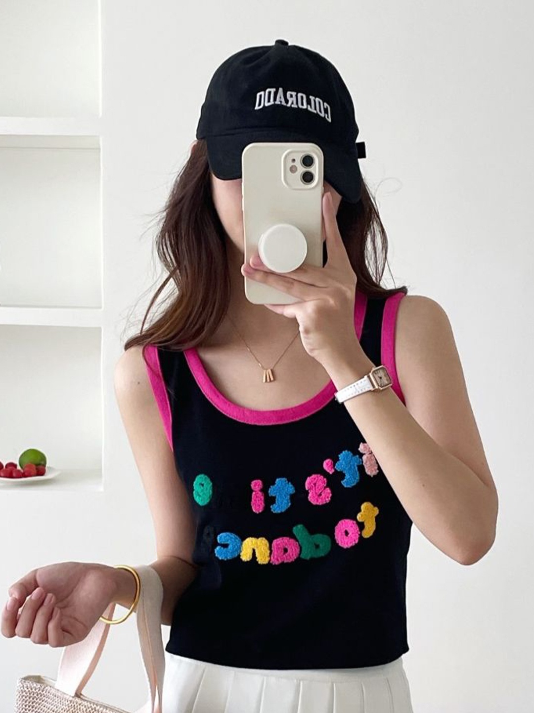 

StyleCast Scoop Neck Typography Printed Sleeveless Tank Top, Black