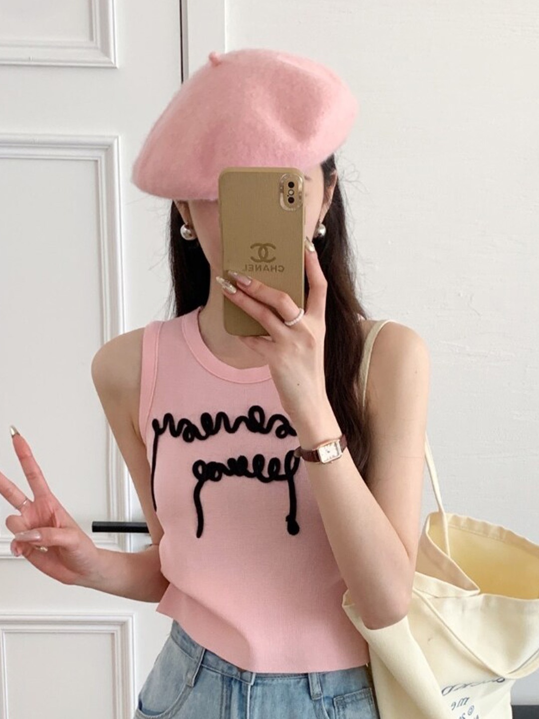 

StyleCast Pink Typography Printed Sleeveless Fitted Top