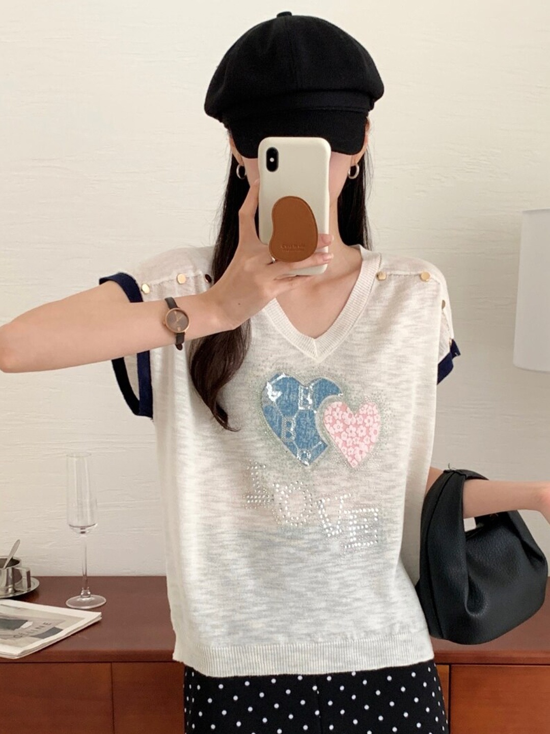 

StyleCast V-Neck Embellished Printed Top, White