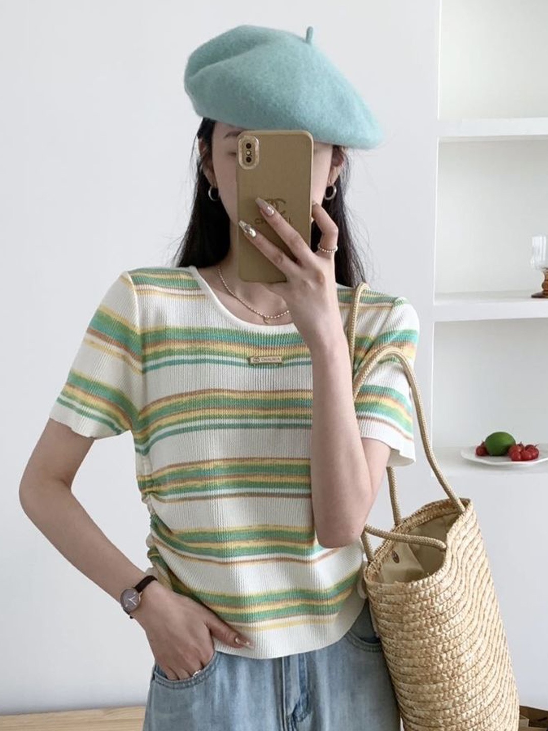 

StyleCast Round Neck Horizontal Striped Top, Green