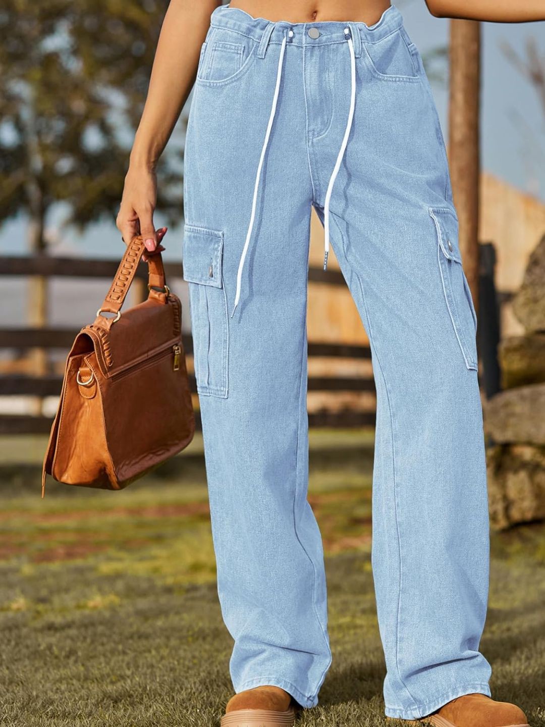 

4WRD by Dressberry Women Straight Fit Mid-Rise Plain Denim Cargos Trousers, Blue
