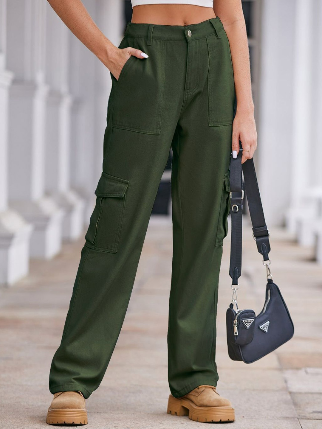 

4WRD by Dressberry Women Olive Green Mid-Rise Washed Denim Cargos Trousers