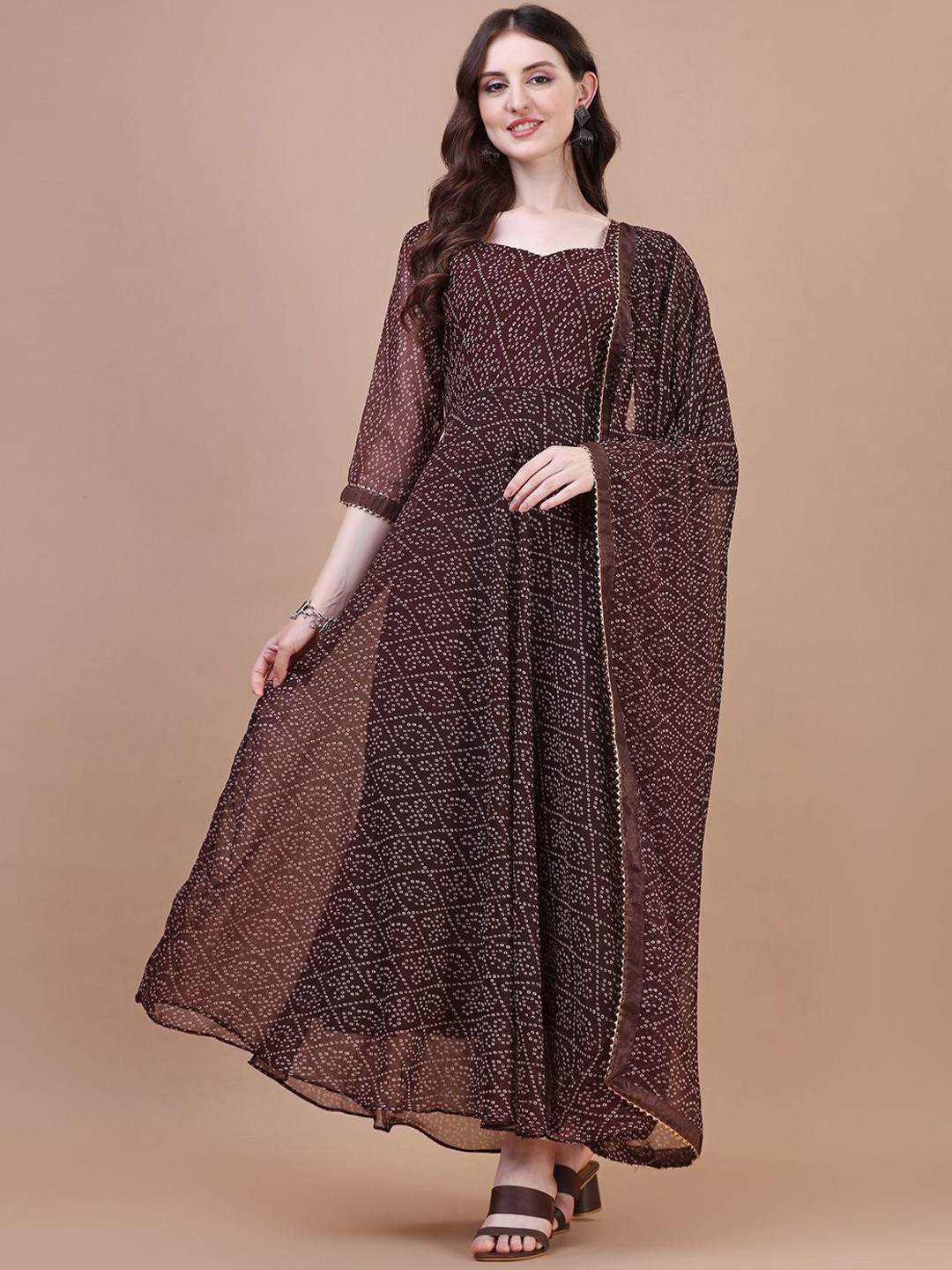 

PMD Fashion Sweetheart Neck Printed Georgette Anarkali Kurta With Dupatta, Coffee brown