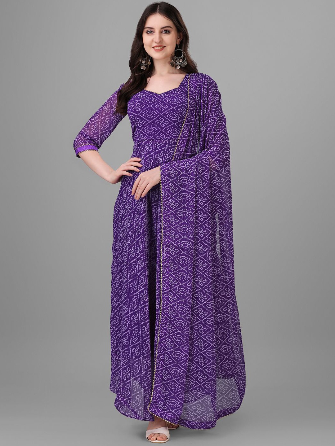 

PMD Fashion Sweetheart Neck Georgette Bandhani Anarkali Kurta With Dupatta, Purple