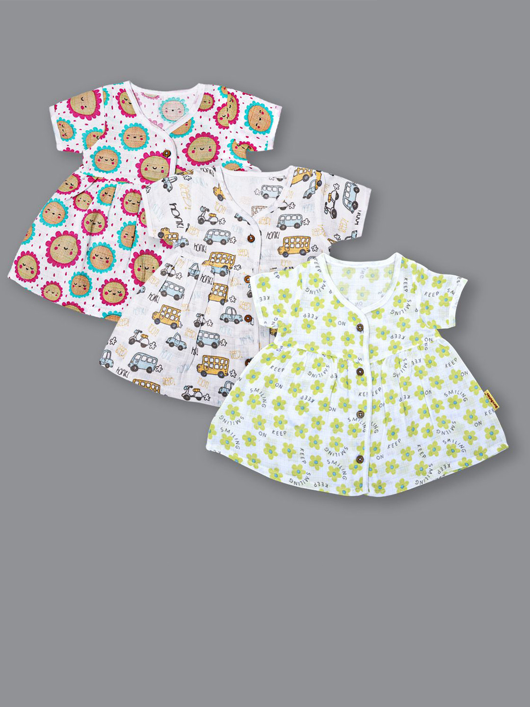 

Born Babies Girls Pack Of 3 Conversational Printed Organic Cotton A-Line Dress, White