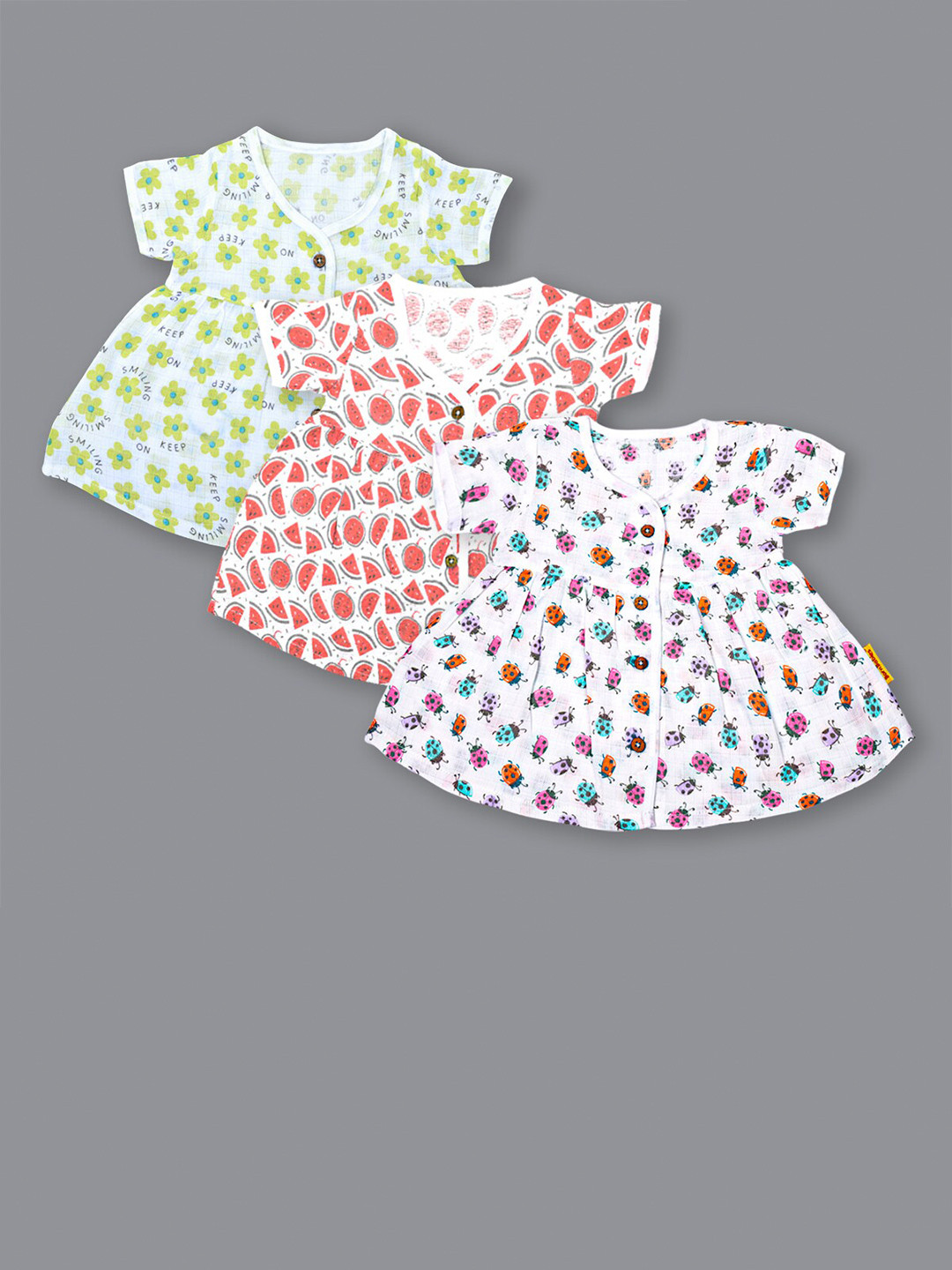 

Born Babies Girls Pack Of 3 Polka Dots Printed Organic Cotton A-Line Dress, White