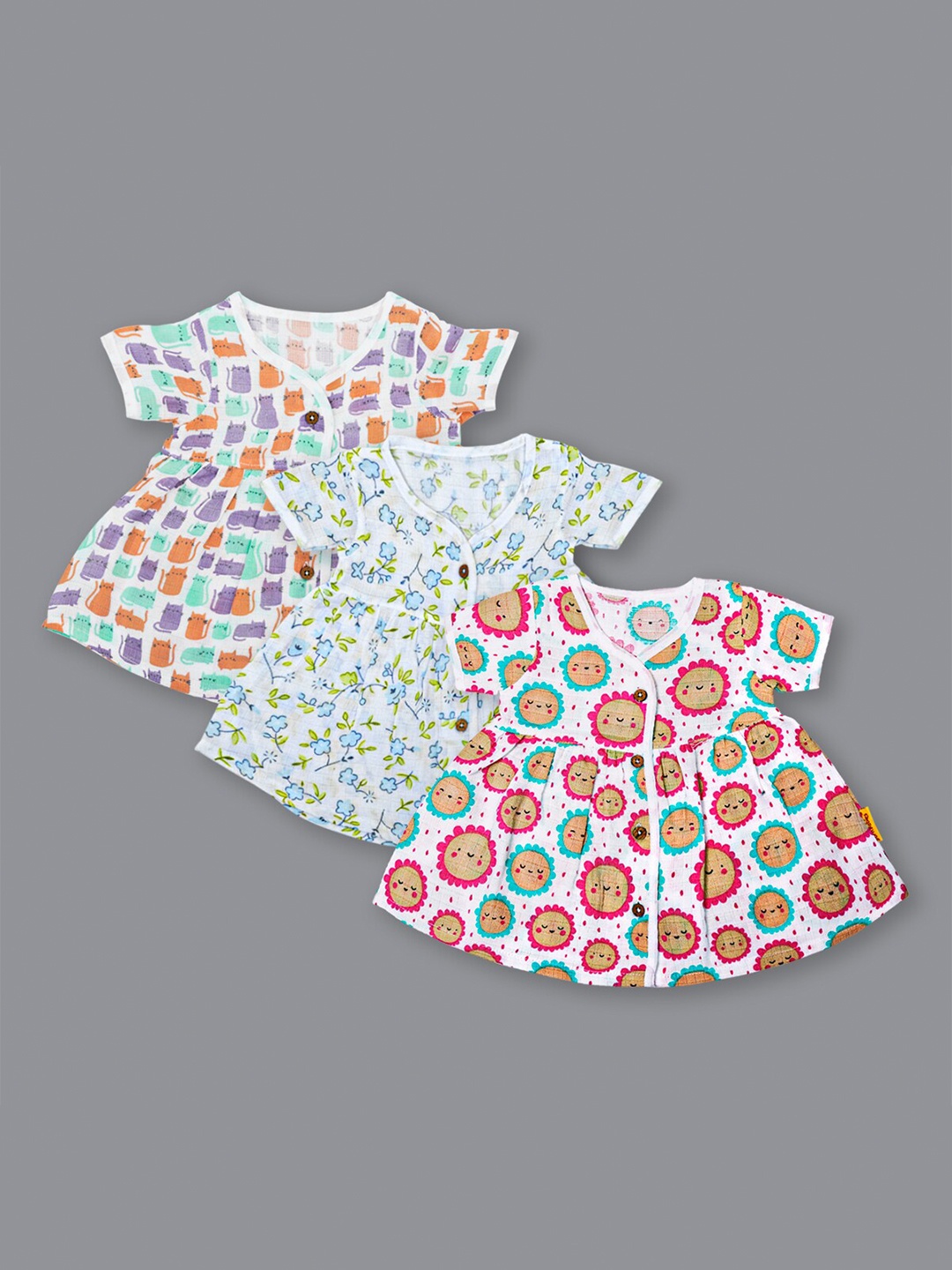 

Born Babies Girls Pack Of 3 Polka Dots Printed Cotton Fit and Flare Dress, Multi