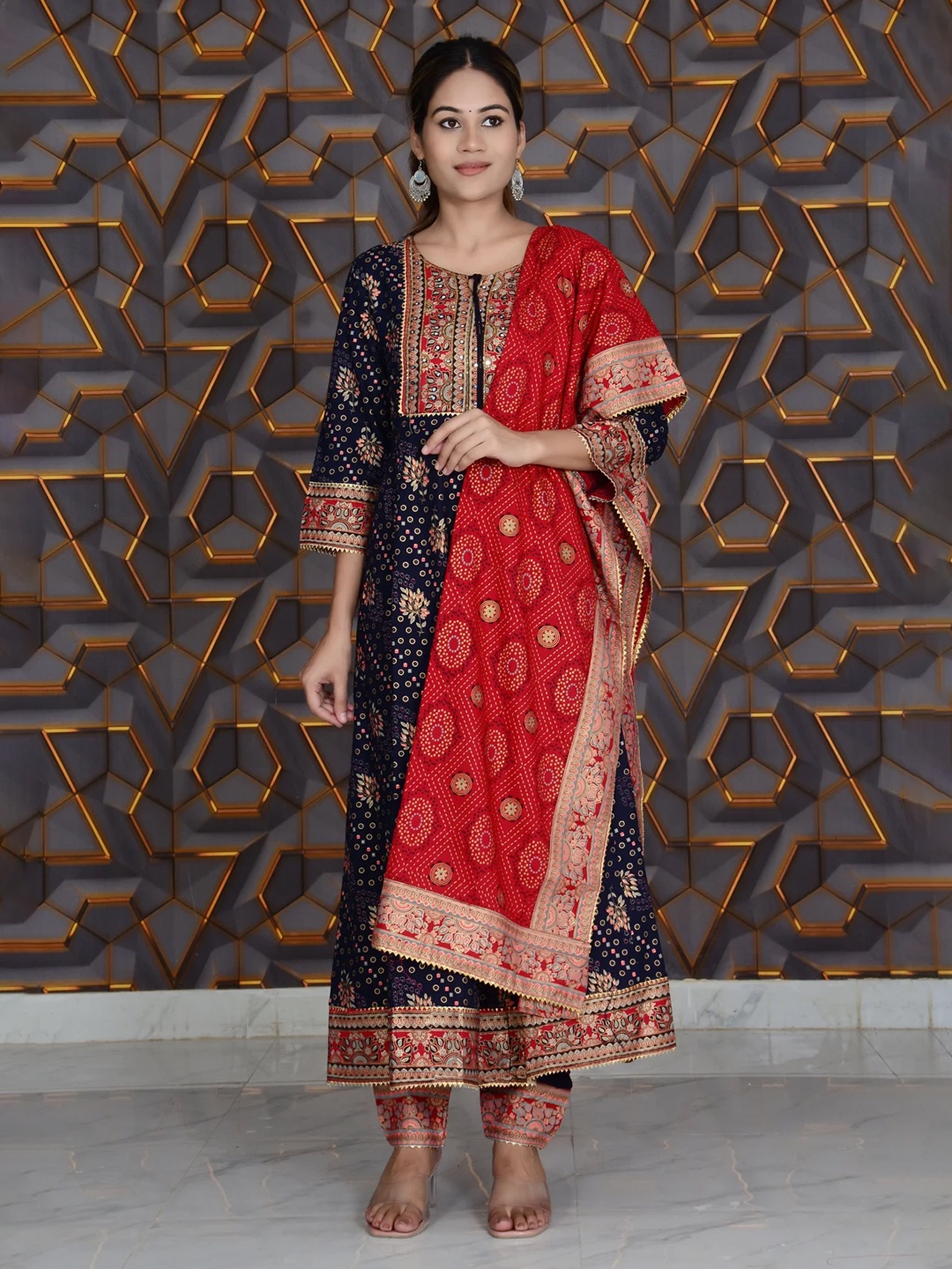 

White World Ethnic Motifs Printed Mirror Work Kurta With Trousers & Dupatta, Blue