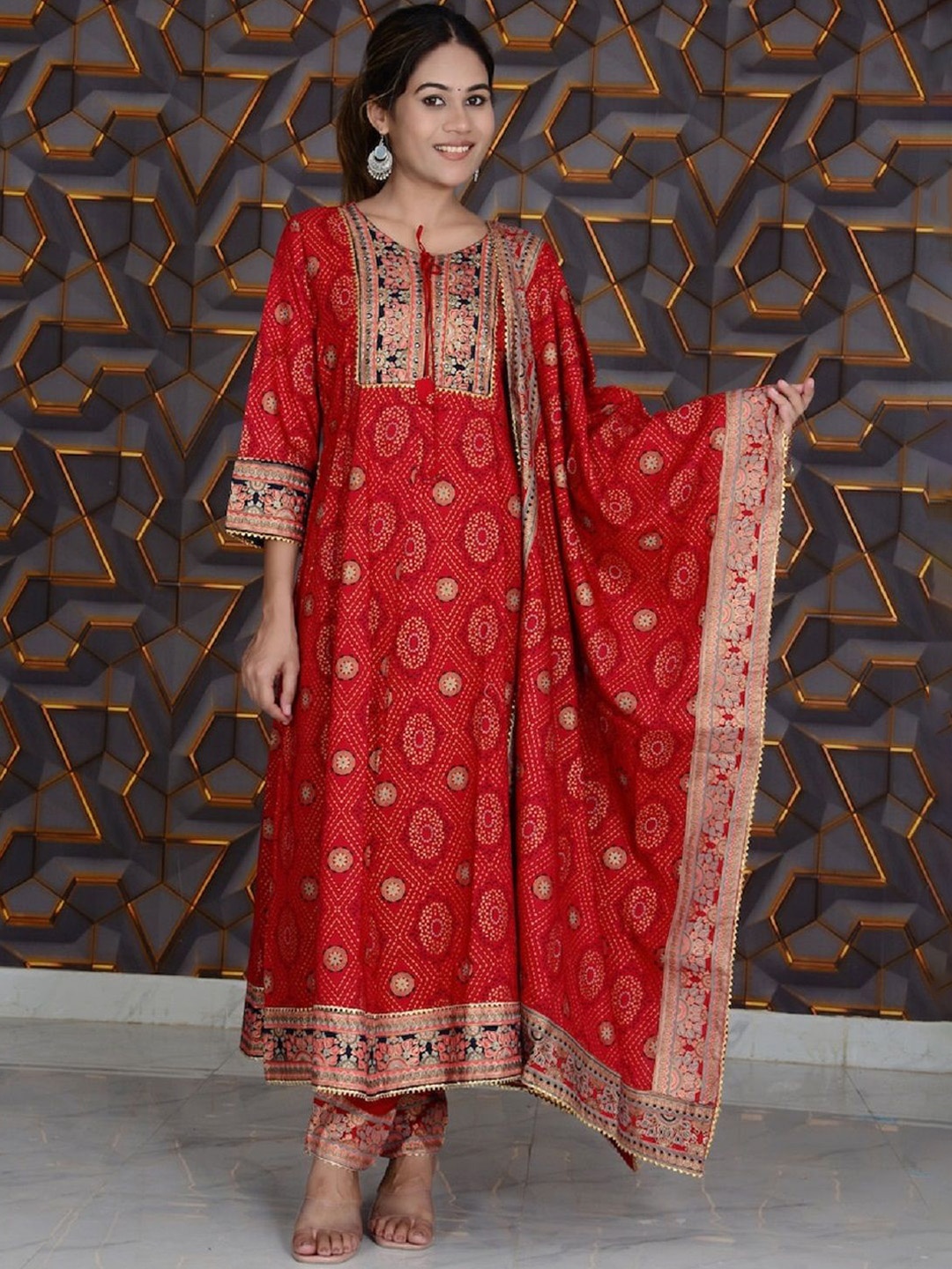 

KALINI Bandhani Printed Regular Anarkali Kurta With Trousers & Dupatta, Blue