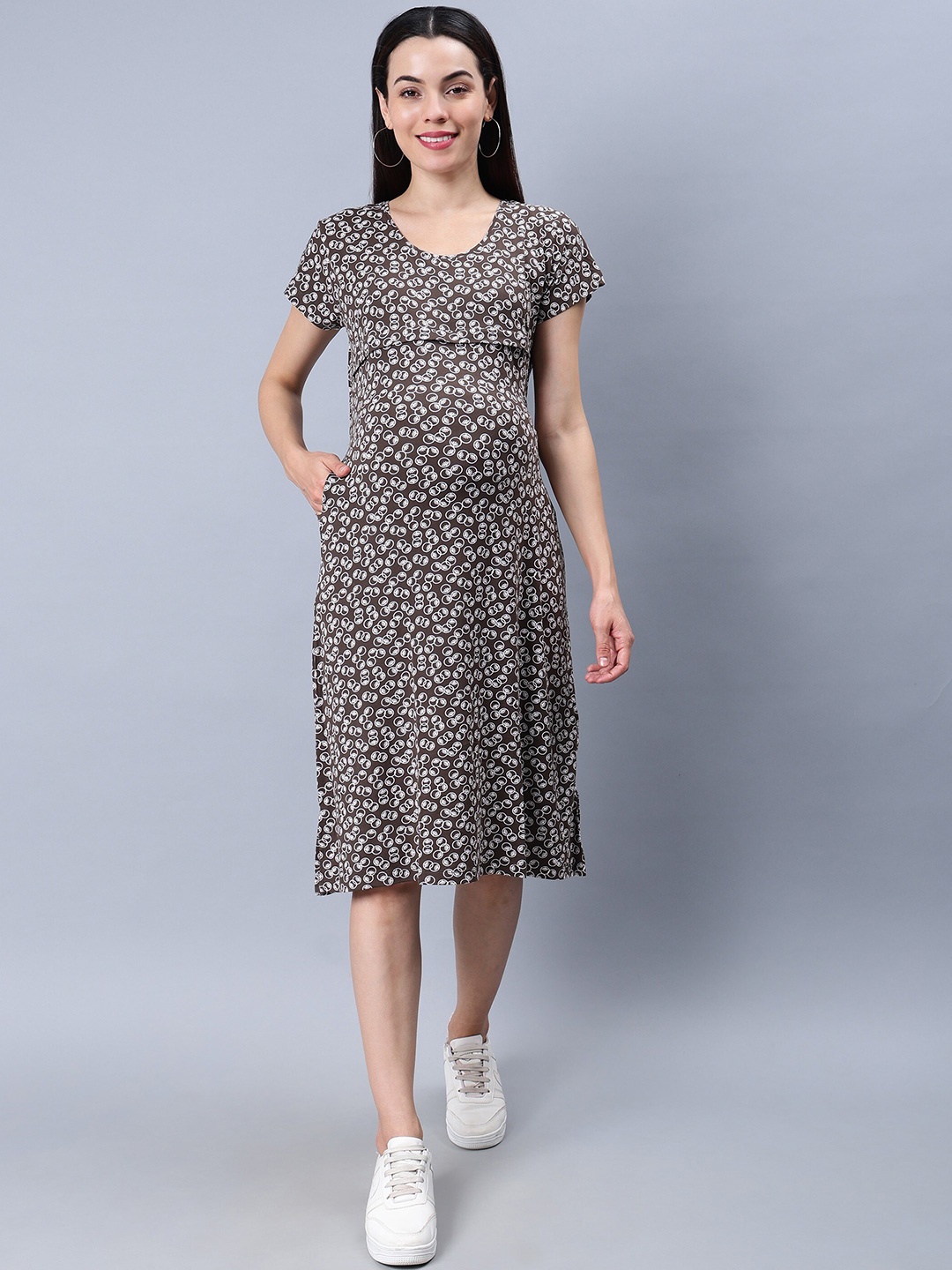 

NIGHTSPREE Floral Printed Cotton Maternity Midi Nightdress, Brown