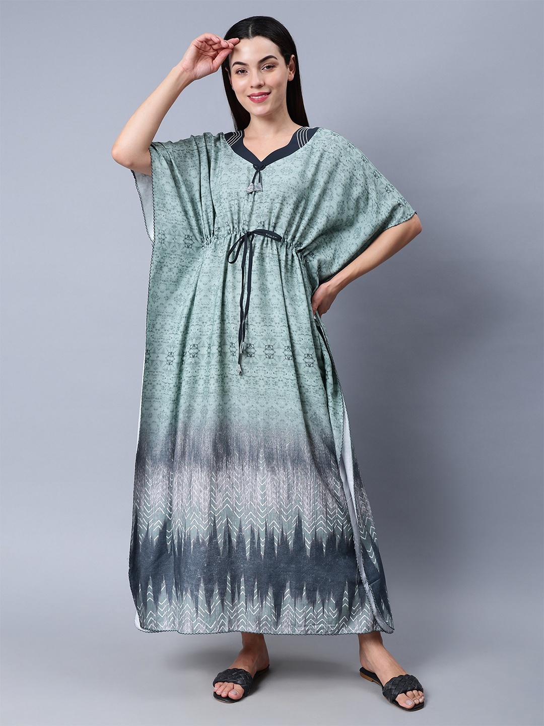 

NIGHTSPREE Floral Printed V-Neck Maxi Kaftan Nightdress, Green