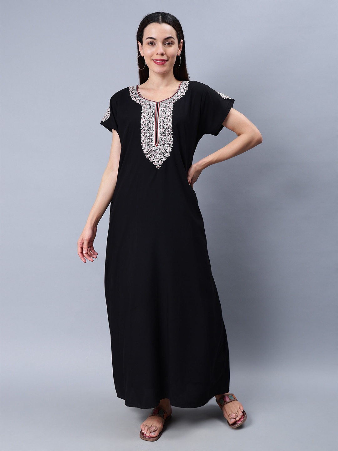 

NIGHTSPREE Embroidered Cotton Maxi Nightdress, Black