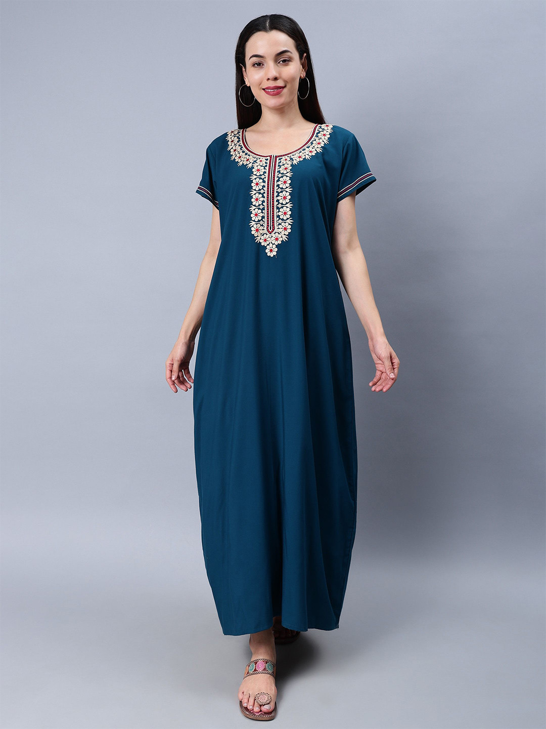 

NIGHTSPREE Embroidered Cotton Maxi Nightdress, Teal