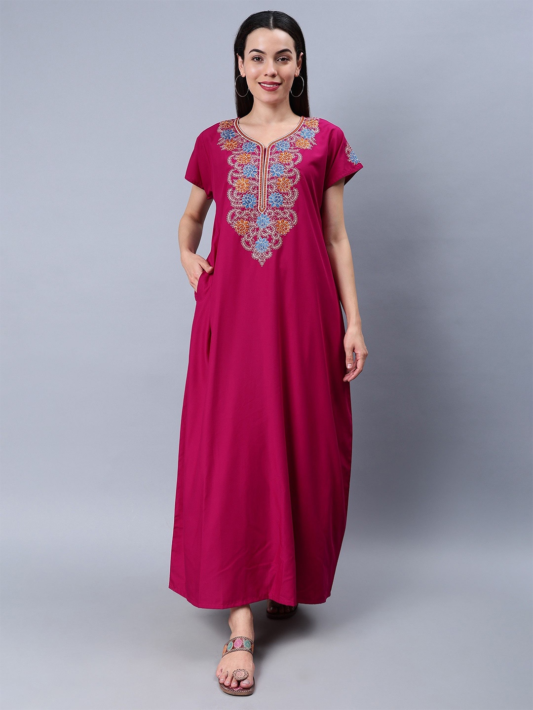 

NIGHTSPREE Floral Embroidered Pure Cotton Maxi Nightdress, Pink