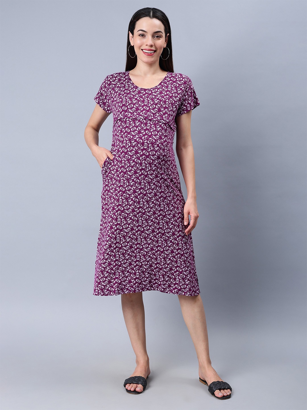 

NIGHTSPREE Floral Printed Maternity Nightdress, Purple