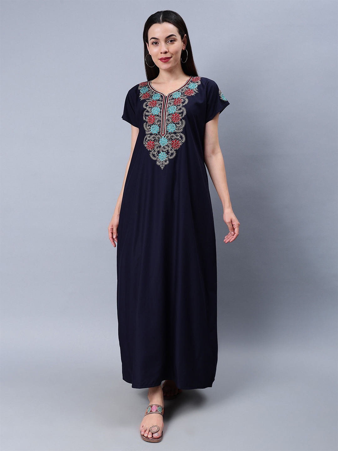 

NIGHTSPREE Floral Embroidered Pure Cotton Maxi Nightdress, Navy blue