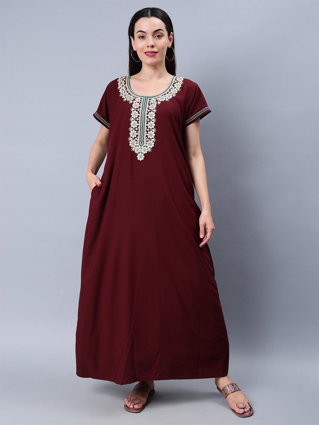 

NIGHTSPREE Floral Embroidered Pure Cotton Maxi Nightdress, Maroon