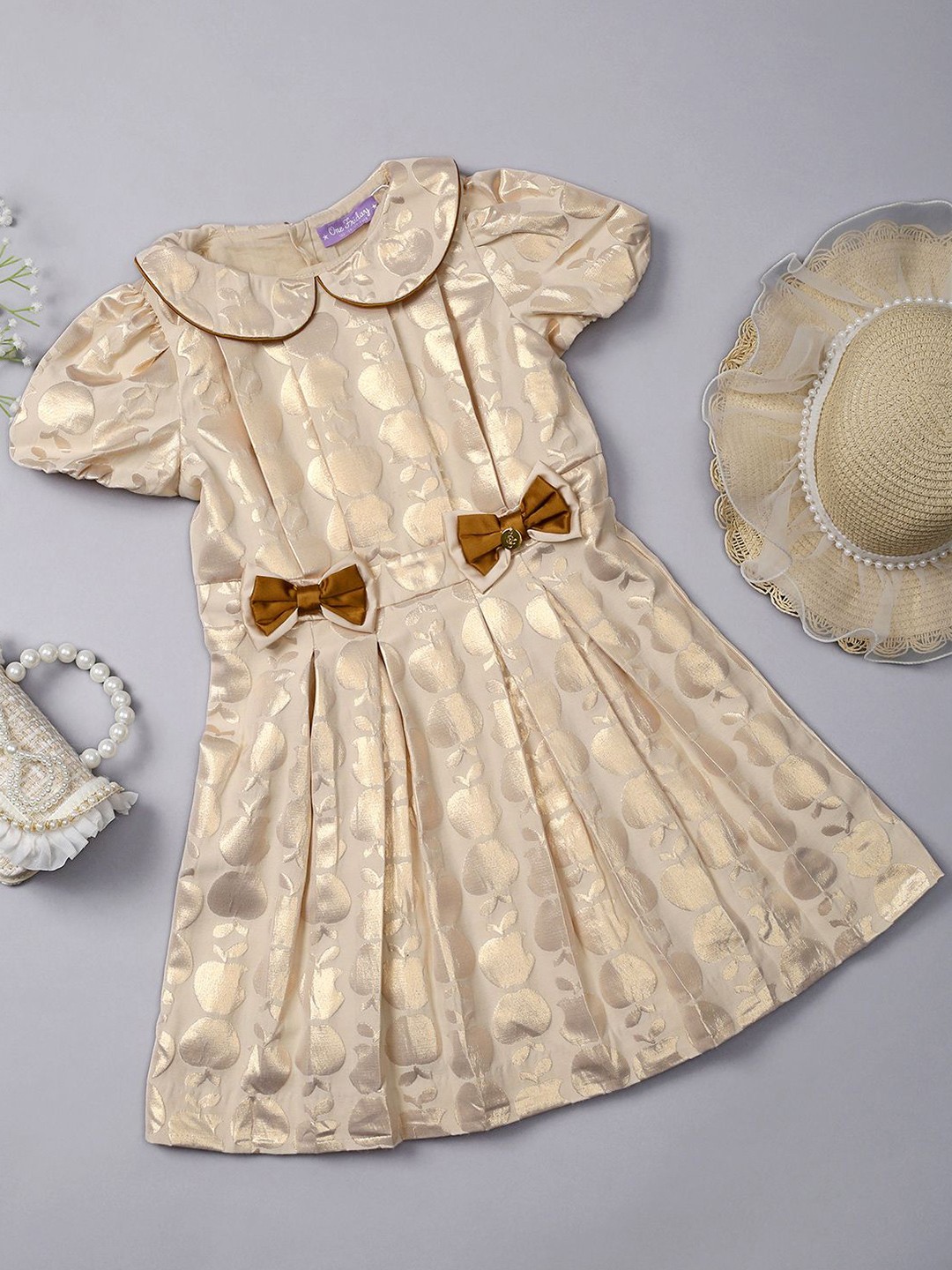 

One Friday Girls Printed Peter Pan Collar Puff Sleeve Fit & Flare Dress, Gold
