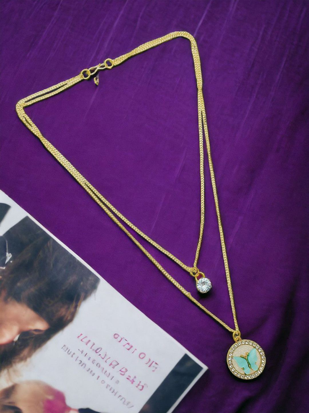 

FEMMIBELLA Gold Plated & Butterfly Chain Pendant, Blue