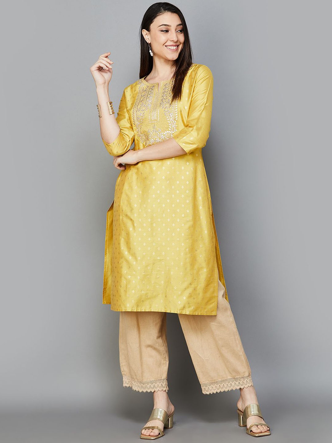 

Melange by Lifestyle Ethnic Motifs Yoke Design Thread Work Kurta, Mustard