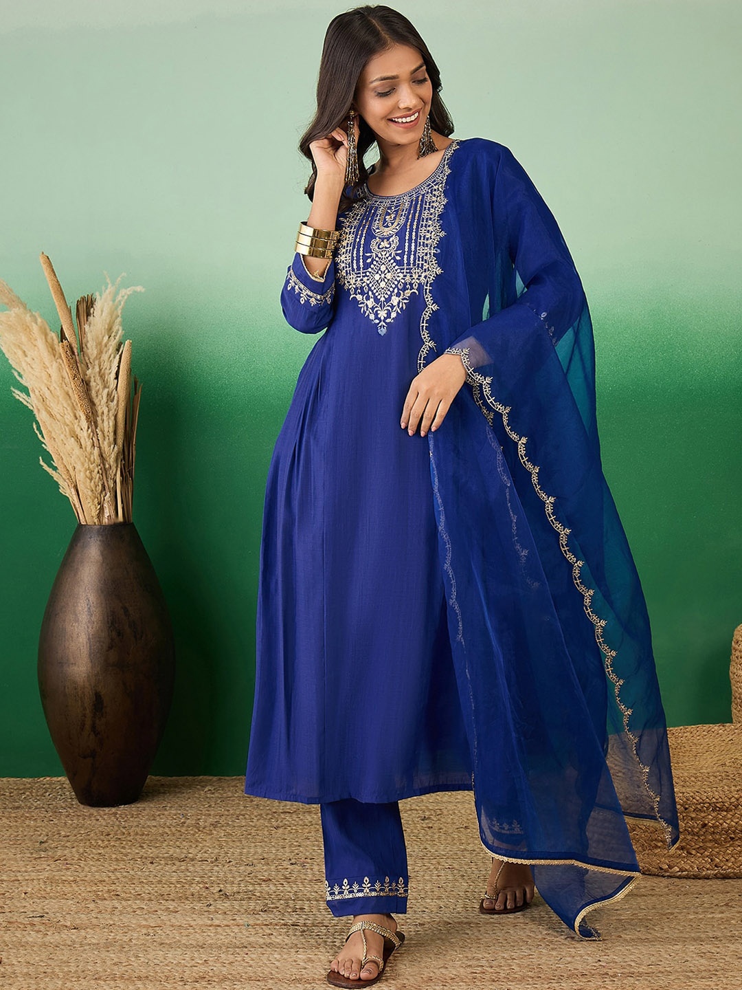 

Sangria Blue Embroidered Sequinned A-Line Kurta With Trouser & Dupatta