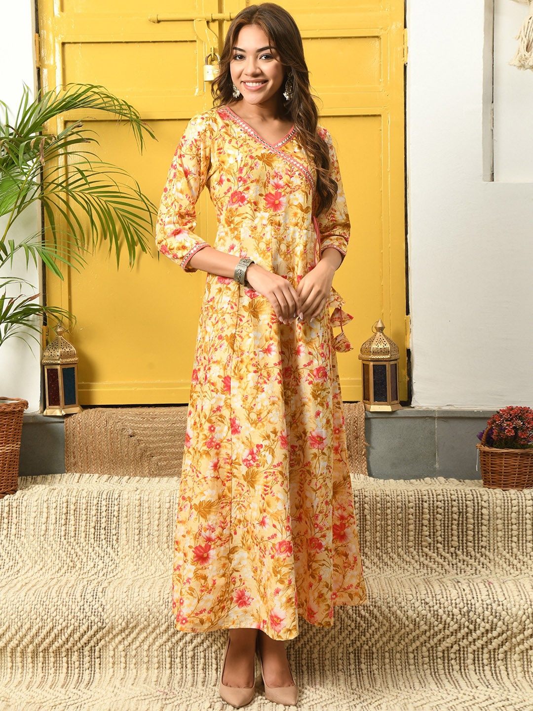 

AAYUMI Floral Printed V-Neck Mirror Work Angrakha style Anarkali Kurta, Mustard