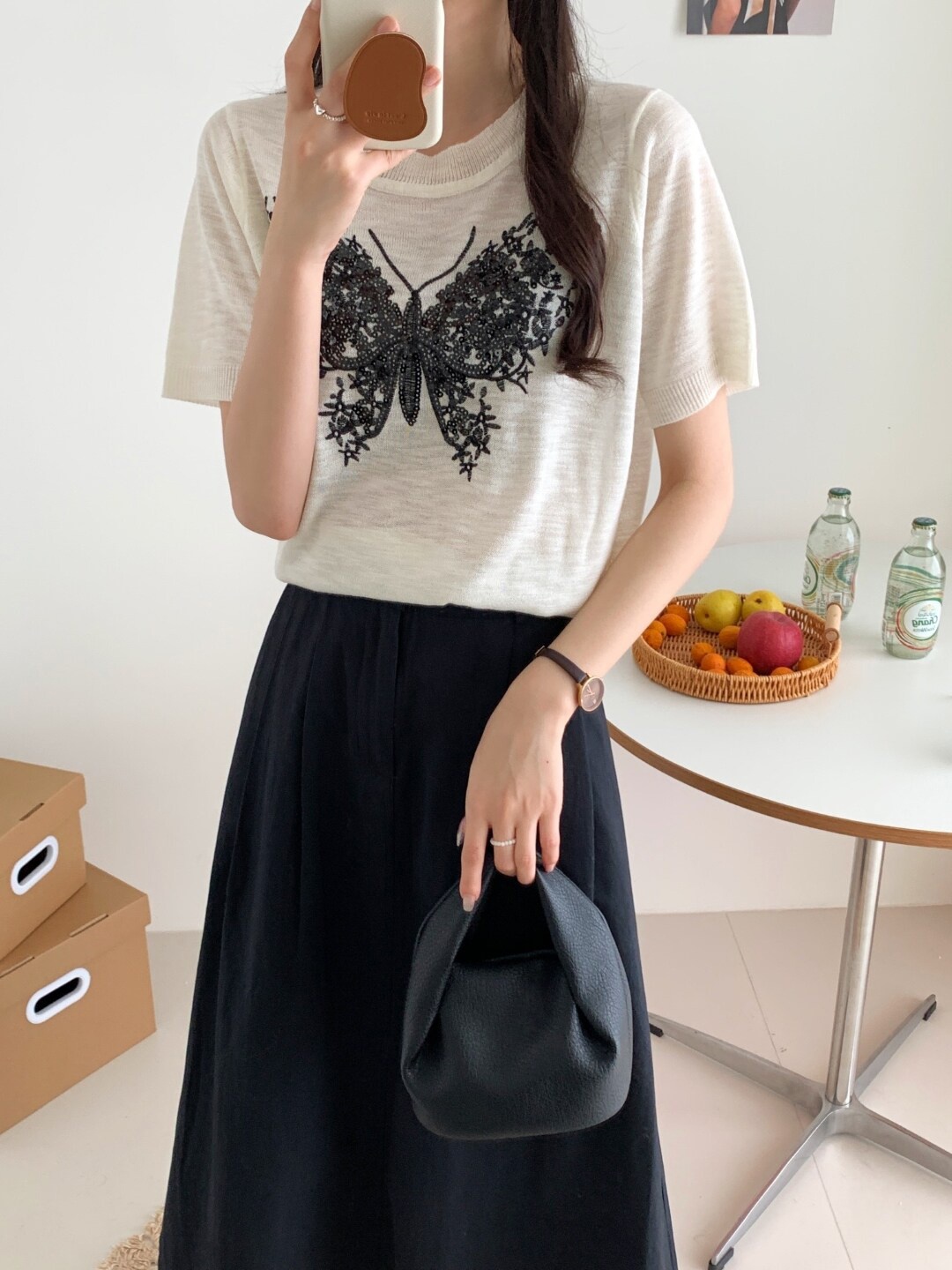 

StyleCast Round Neck Embellished Print Top, Cream