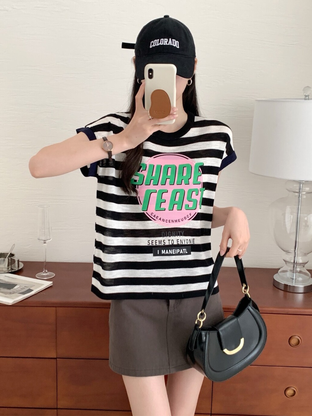 

StyleCast Black & White Striped Extended Sleeves Casual T-shirt