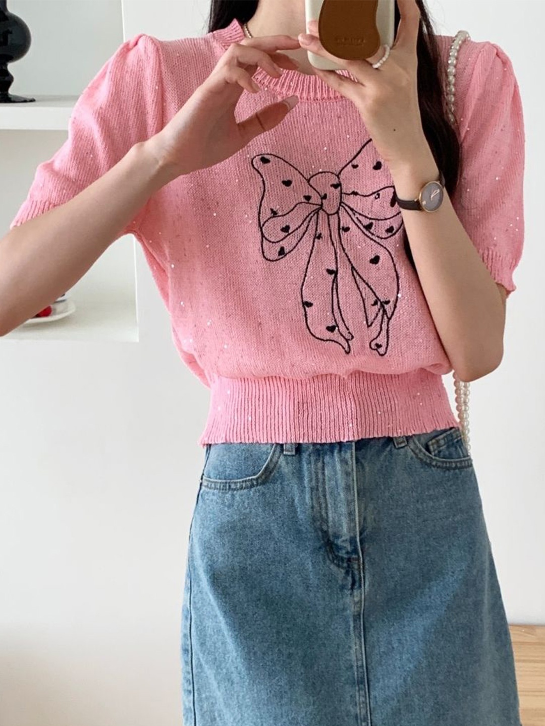 

StyleCast Round Neck Embroidered Blouson Top, Pink