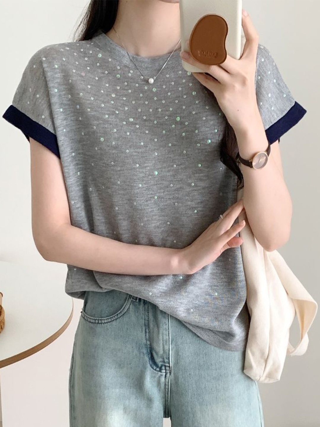 

StyleCast Round Neck Embellished Top, Grey