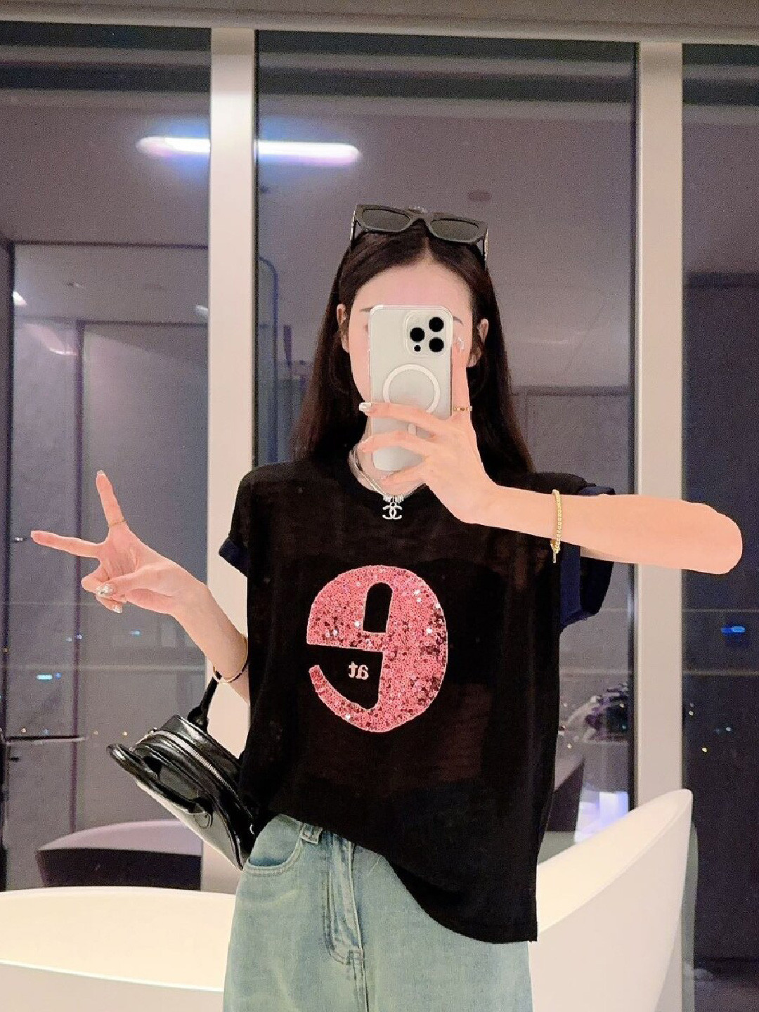 

StyleCast Round Neck Embellished Top, Black