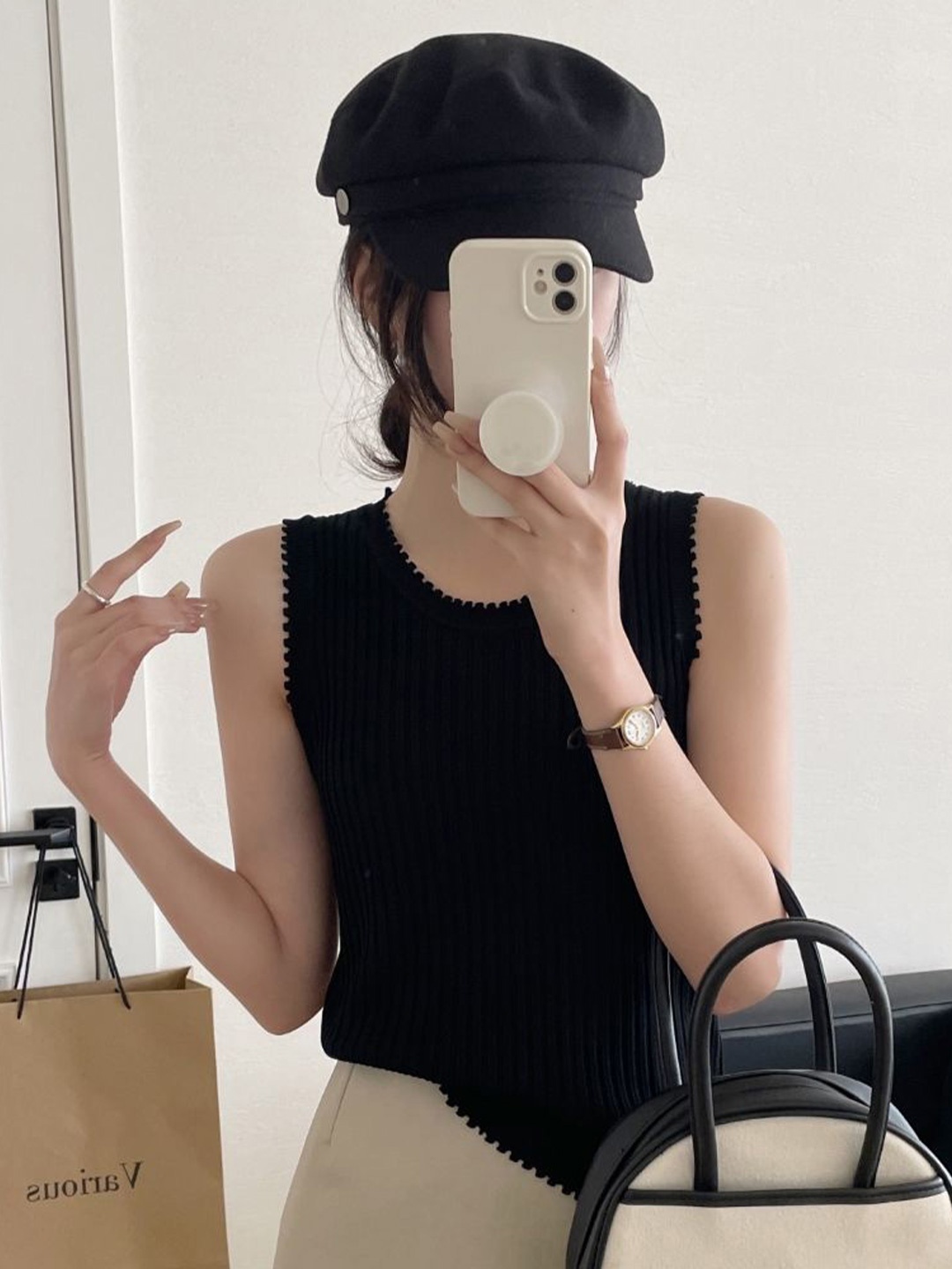 

StyleCast Round Neck Striped Sleeveless Top, Black
