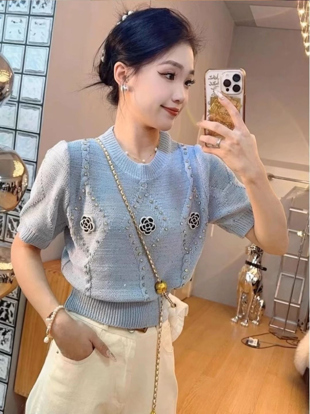 

StyleCast Round Neck Embellished Applique Top, Blue