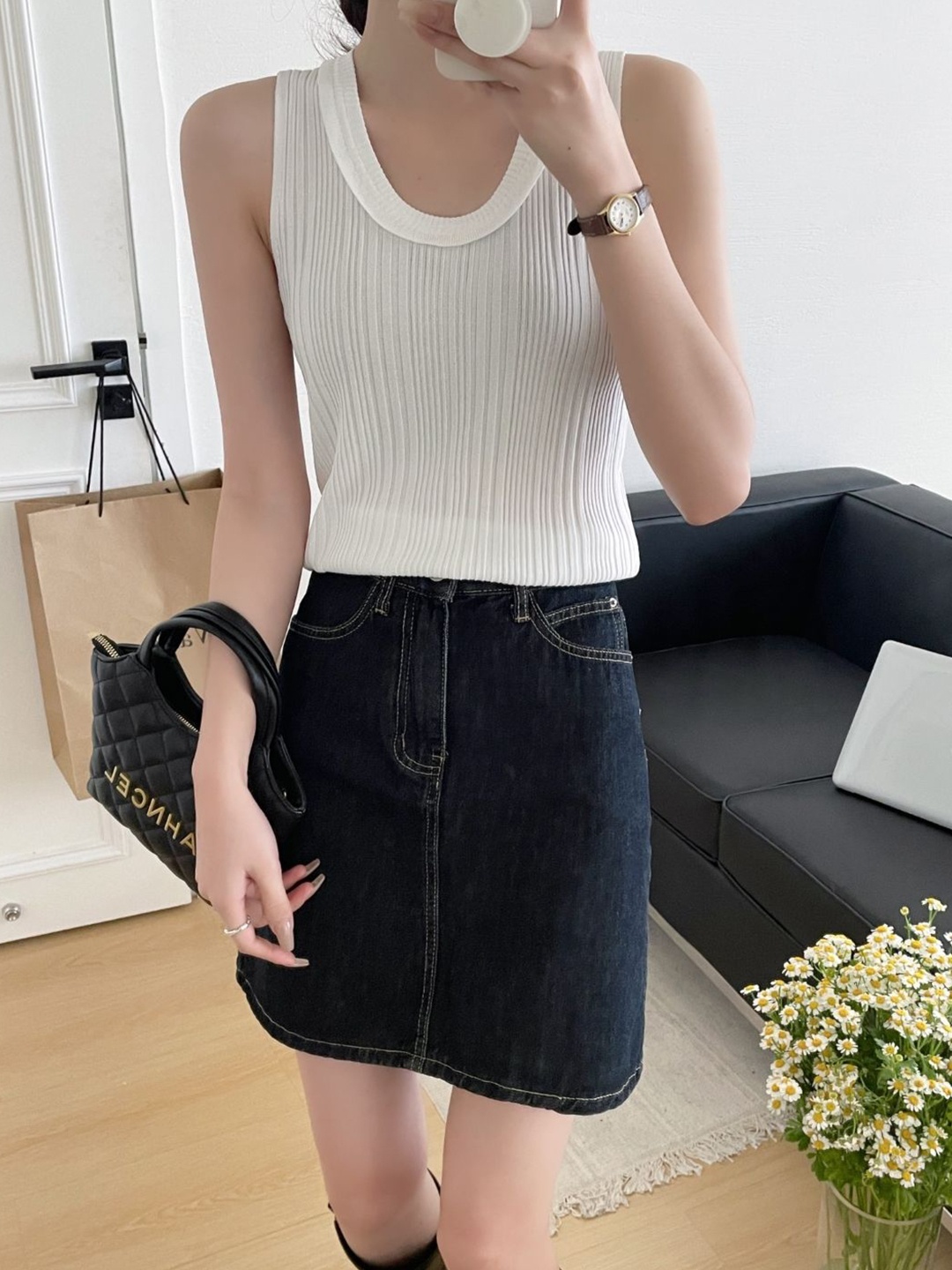 

StyleCast Round Neck Vertical Striped Sleeveless Top, White