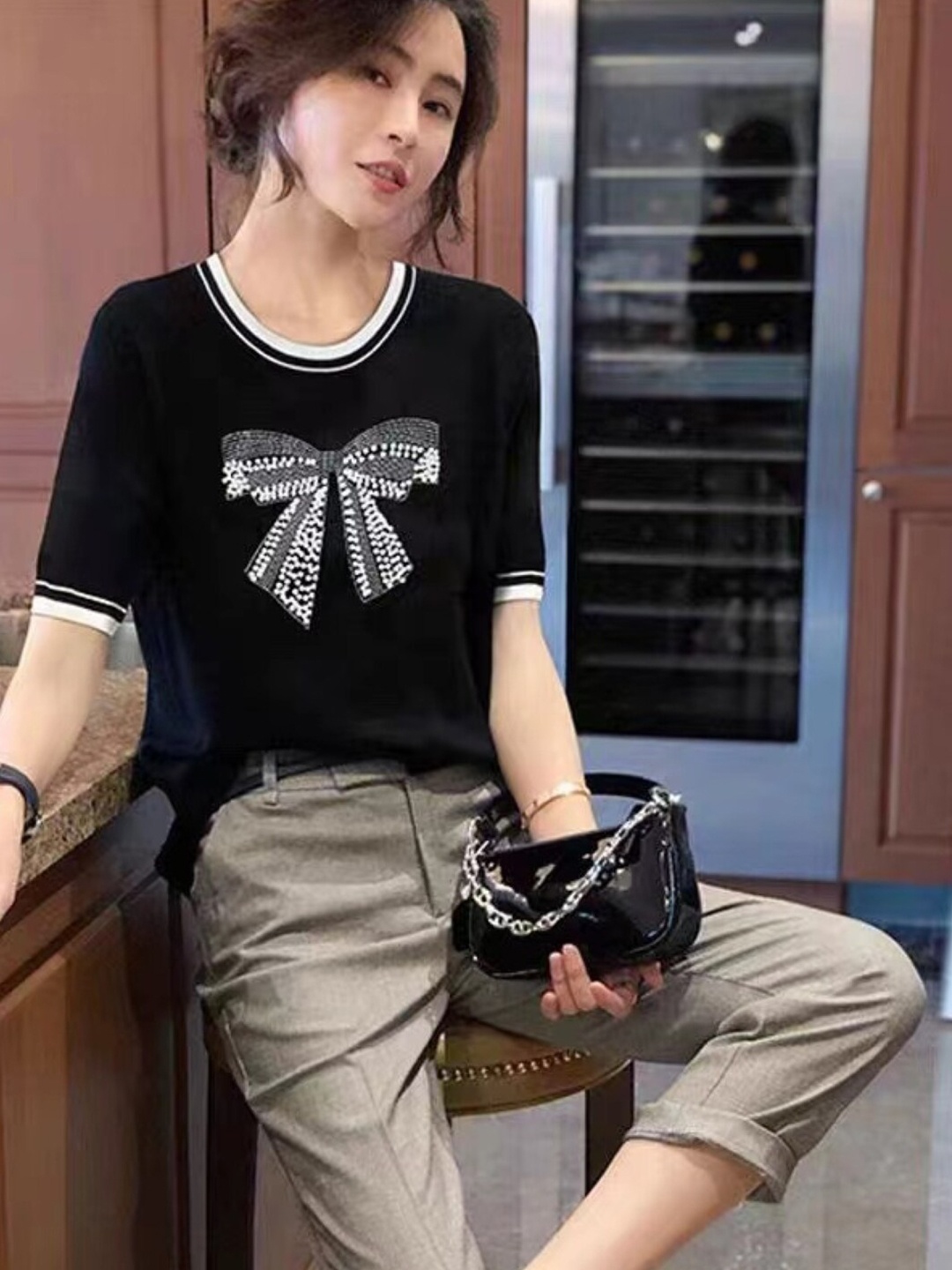 

StyleCast Round Neck Embellished Top, Black